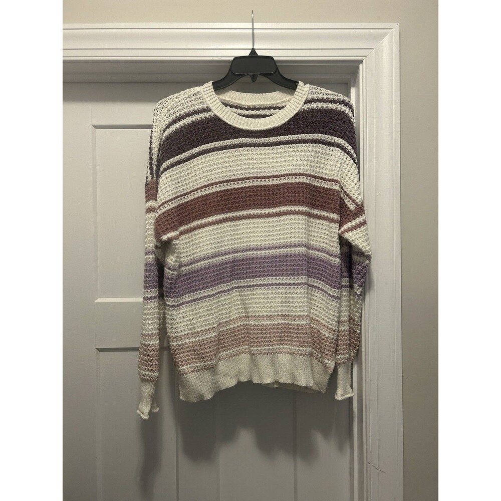 Purple Multi Striped Sweater Waffle Knit Top Size Small Crew Neck Drop Shoulder